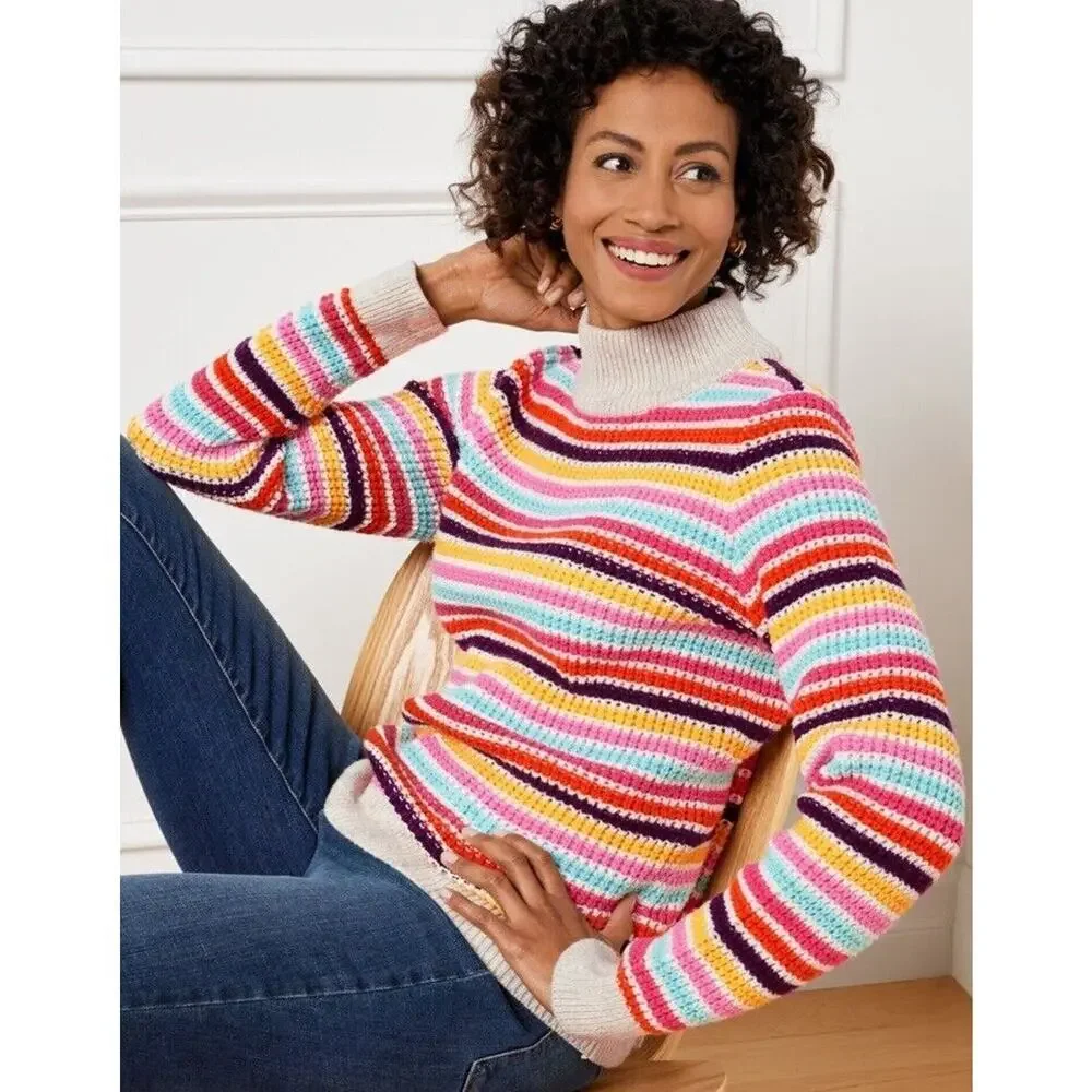 Talbots Mockneck Sweater Women L Happy Stripe Classic Cotton Blend Preppy Fun‎ - Picture 3 of 15
